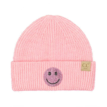 HAPPY FACE RHINESTONE PATCH CUFF KID'S BEANIE | PINK