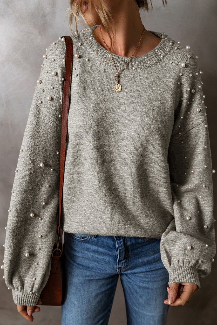 MOLLY PEARL DROP SHOULDER ROUND NECK SWEATER | GRAY