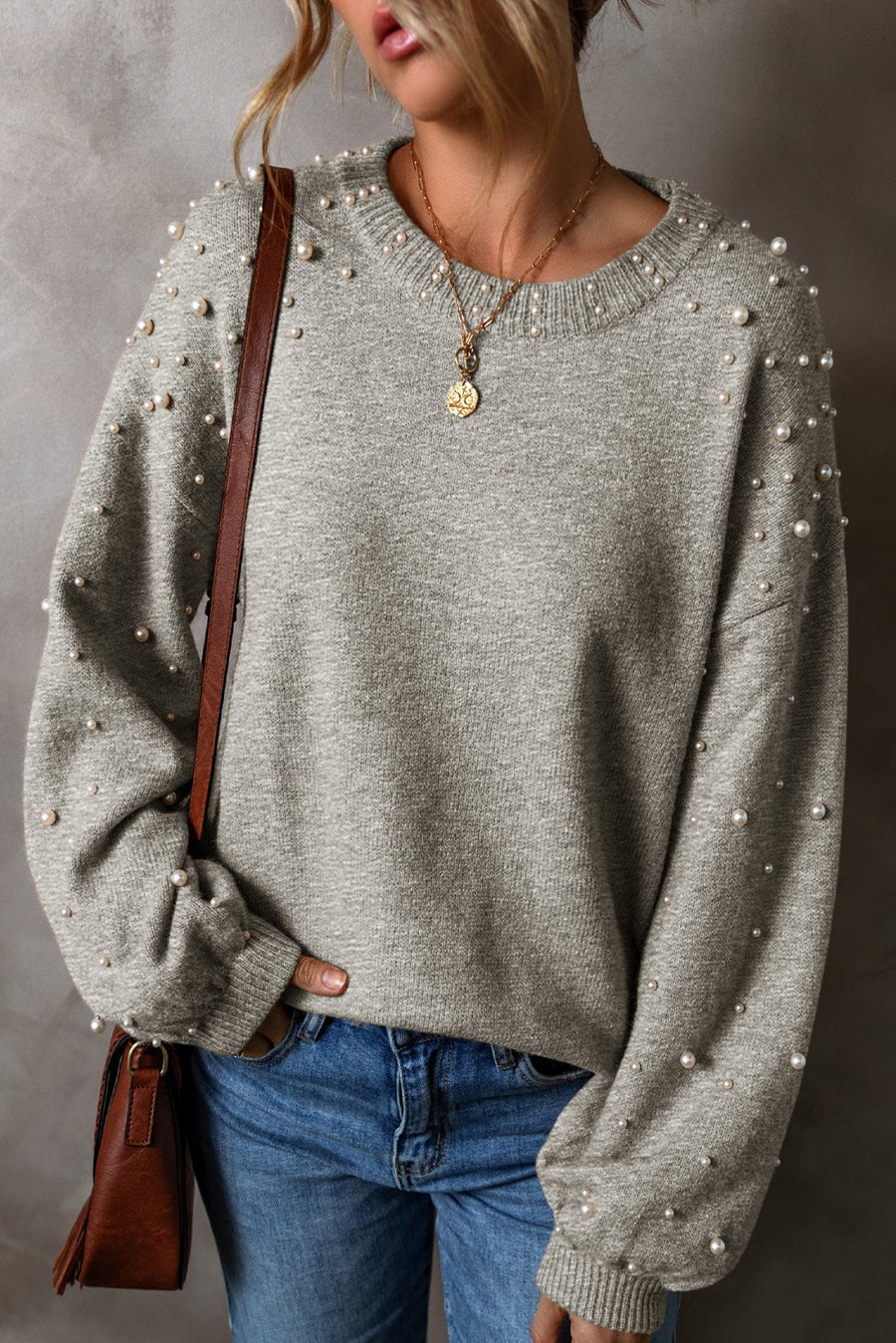 MOLLY PEARL DROP SHOULDER ROUND NECK SWEATER | GRAY