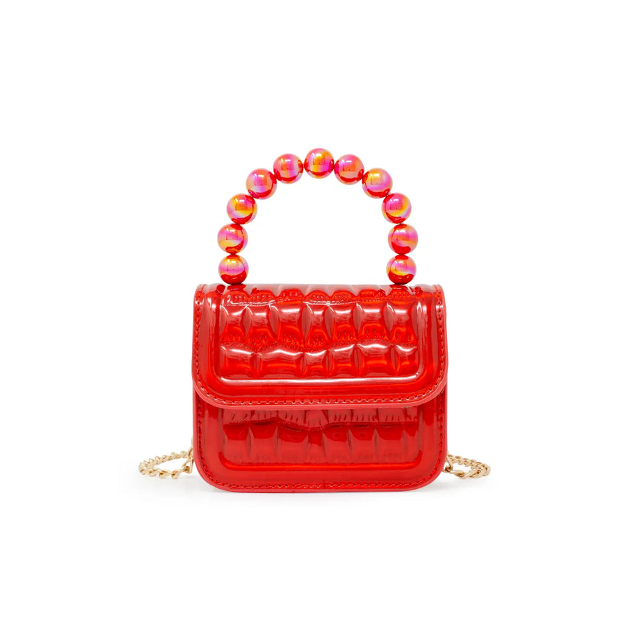 TINY TREATS METALLIC CLASSIC MINI GLAM PEARL HANDLE BAG | RED