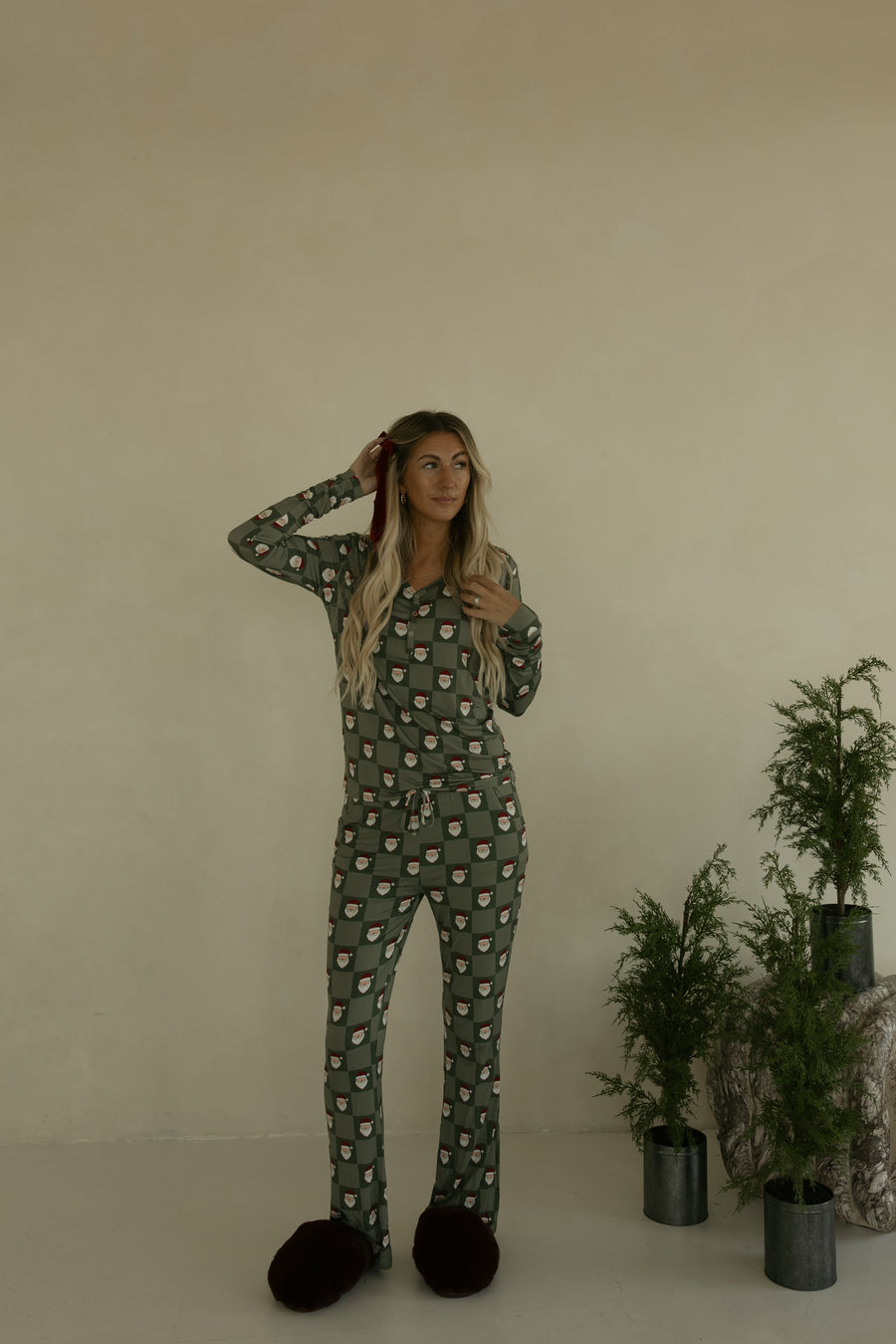 Women's Bamboo Pajamas | Santa Checkerboard
