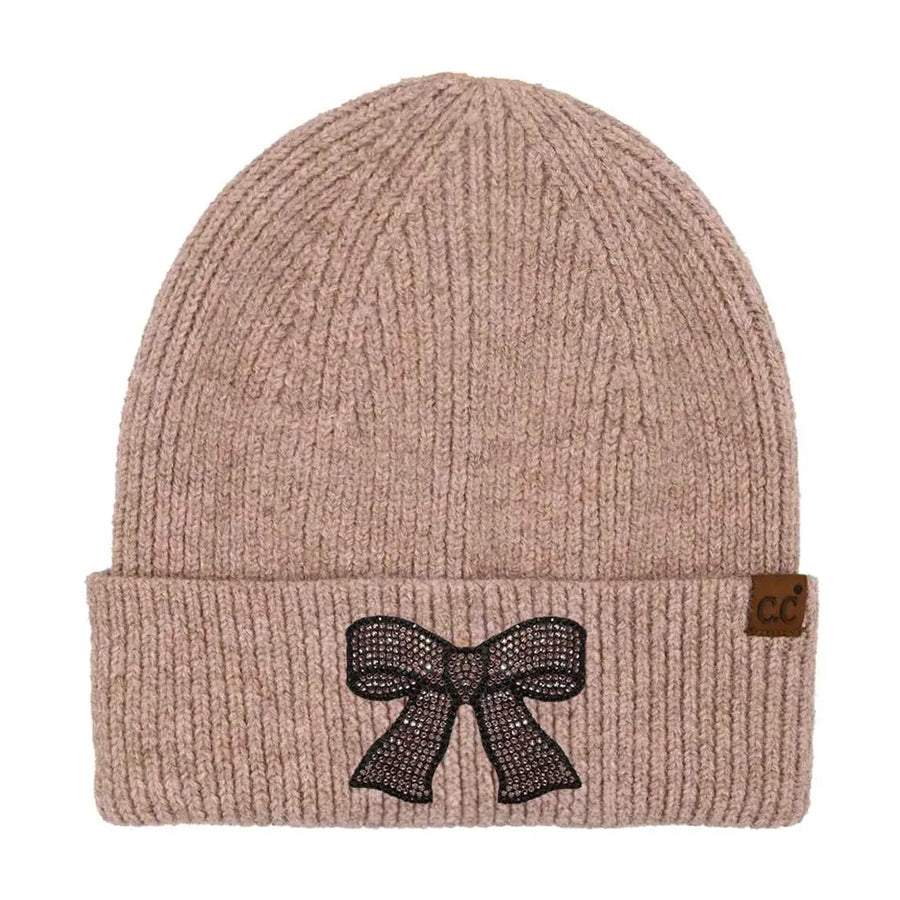 RHINESTONE BOW EMBELLISHMENT BEANIE | LIGHT PINK