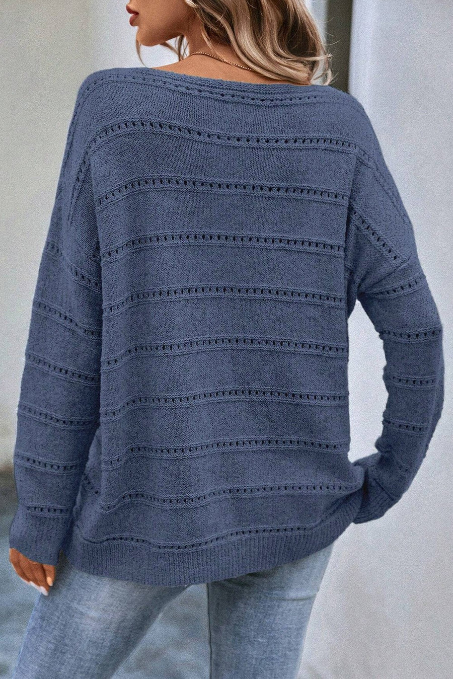 SABRA BOAT NECK DROP SHOULDER POINTELLE KNIT SWEATER | BLUE