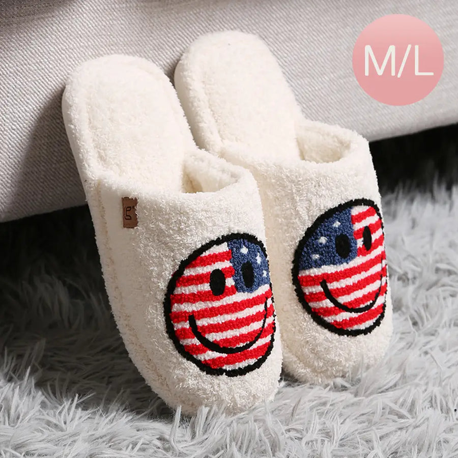 HAPPY FACE AMERICAN FLAG PRINT SLIPPER | WHITE