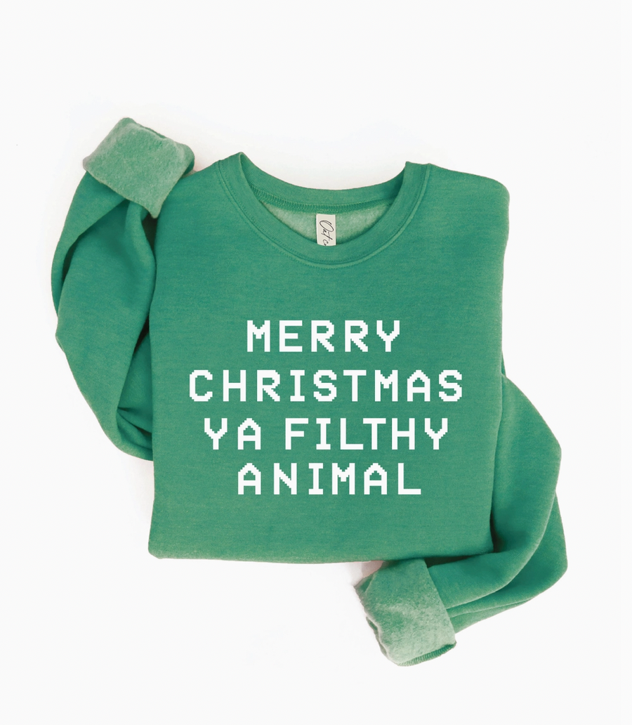 THE OC MERRY CHRISTMAS YA FILTHY ANIMAL UGLY SWEATER SWEATSHIRT | EMERALD