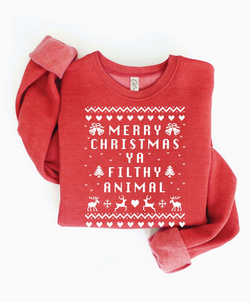 THE OC MERRY CHRISTMAS YA FILTHY ANIMAL UGLY SWEATER SWEATSHIRT | RED