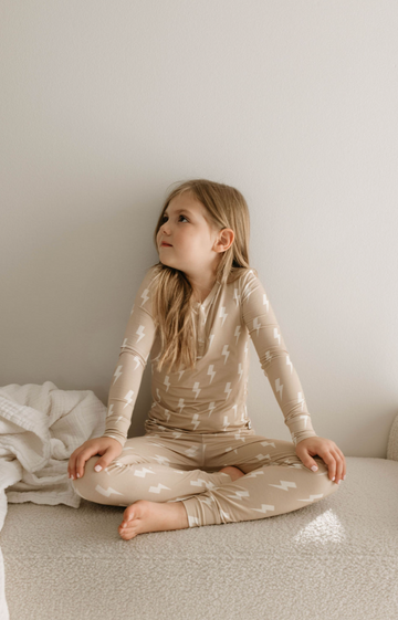FOREVER FRENCH Tan & Cream Lightning Bolt | Bamboo Two Piece Pajamas (COLLECTIVE)