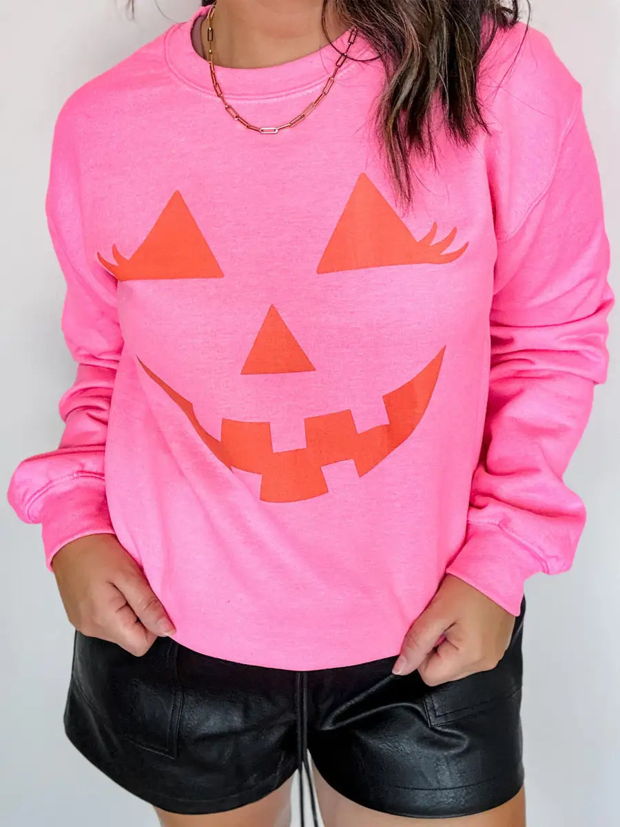 MUGSBYNEON PINK JACK-O-LANTERN HALLOWEEN CREWNECK SWEATSHIRT