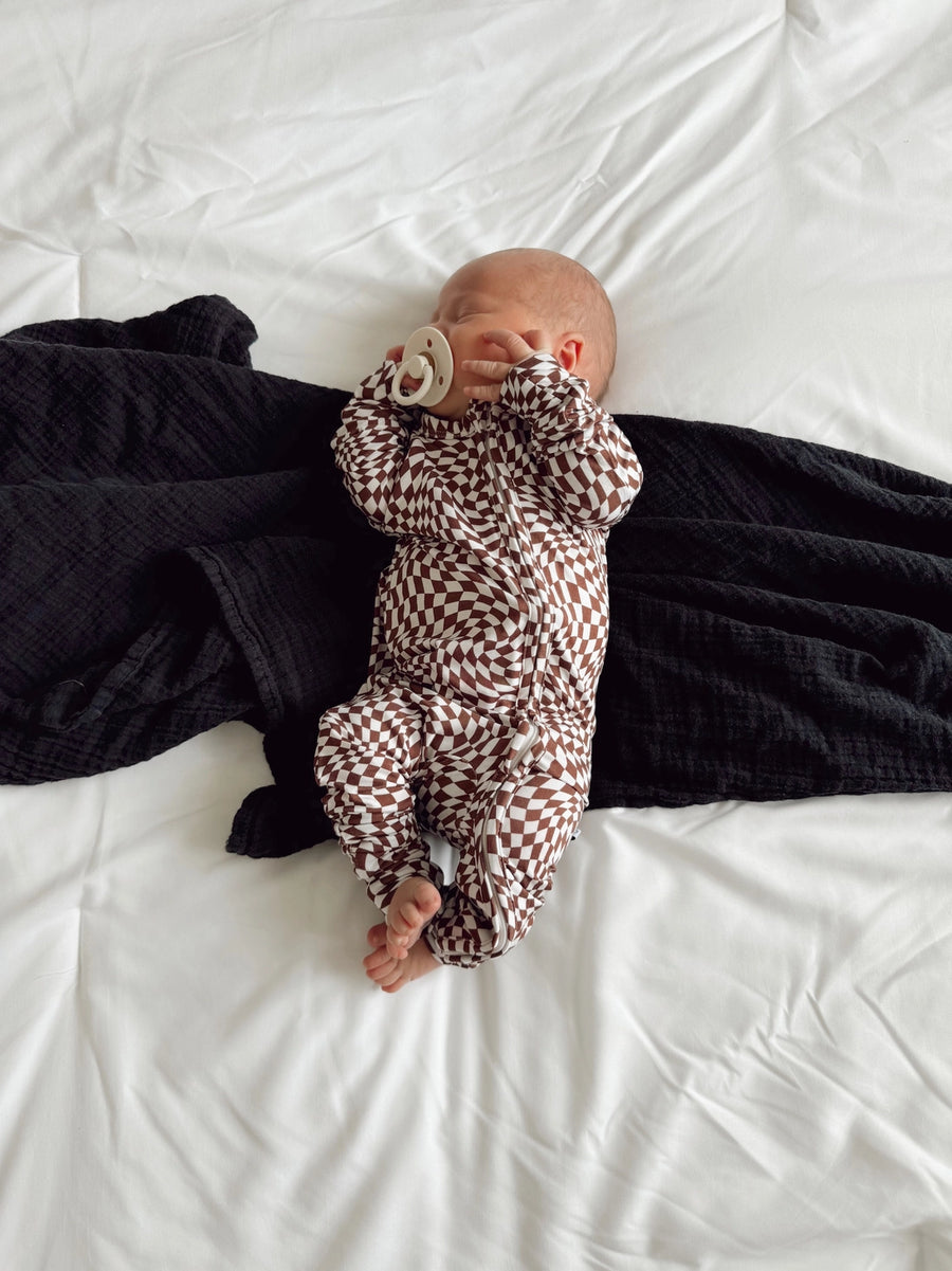 OLLC BAMBOO ROMPER | BROWN WAVY CHECKER