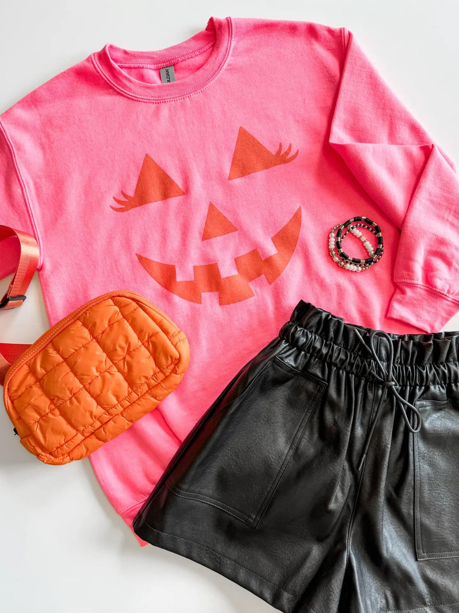 MUGSBYNEON PINK JACK-O-LANTERN HALLOWEEN CREWNECK SWEATSHIRT