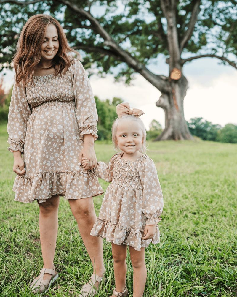 Caroline Long Sleeve Square Neck Dress - Light Khaki Floral