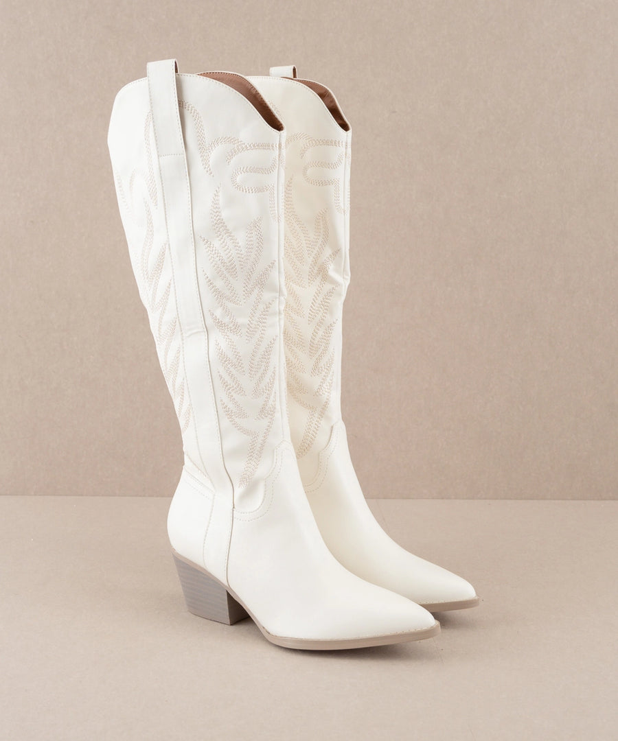 The Samara Embroidered Tall Western Boot | White