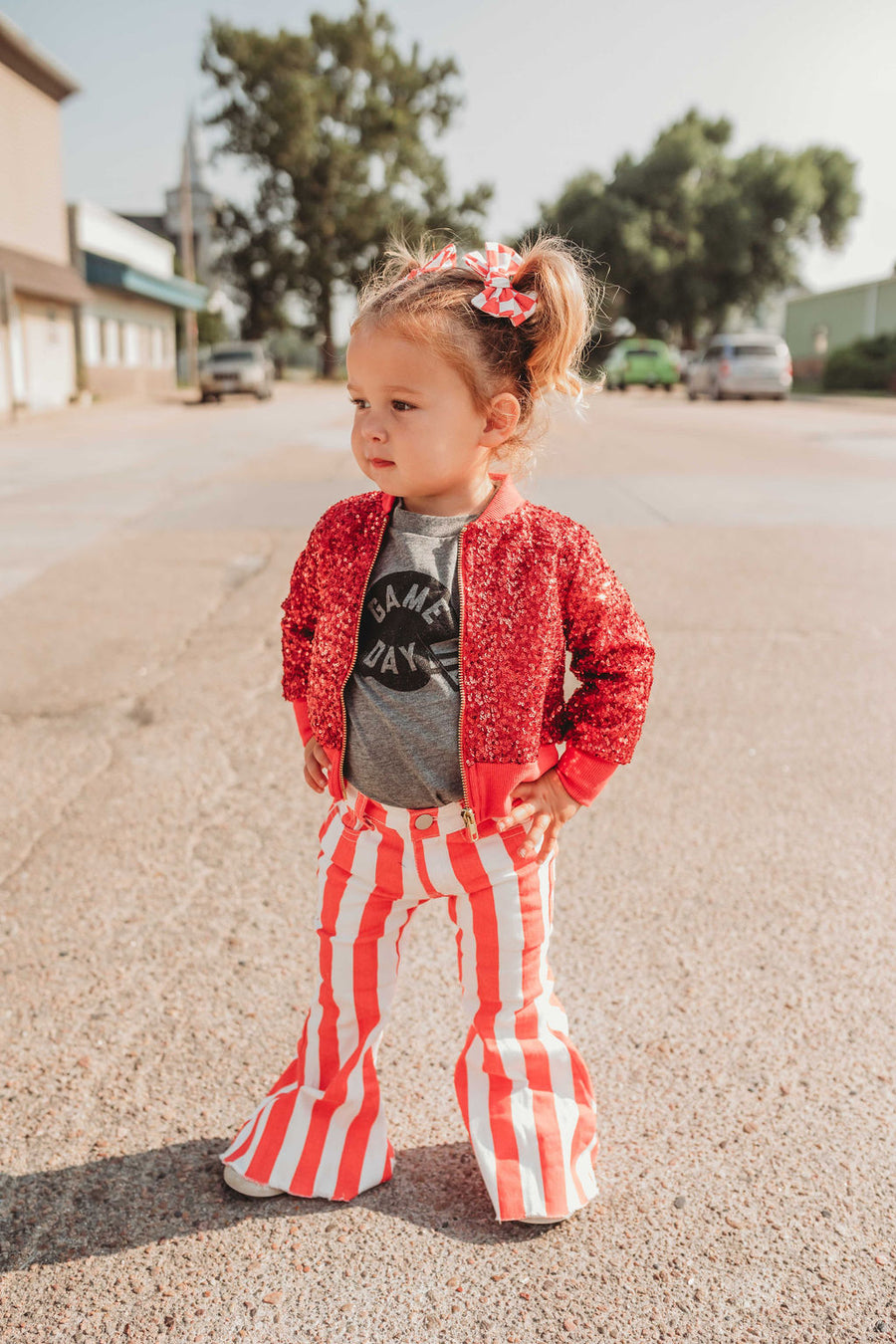 ALEXA STRIPED BELL BOTTOM DENIM JEANS | RED & WHITE STRIPES