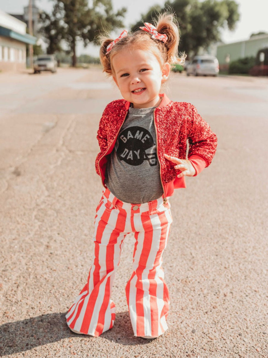 ALEXA STRIPED BELL BOTTOM DENIM JEANS | RED & WHITE STRIPES