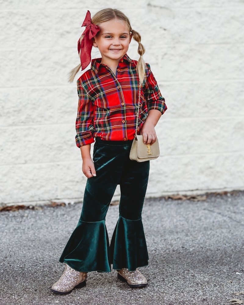 BAILEY'S BLOSSOMS Lina Pleated Velour Bell Bottoms - Hunter (COLLECTIVE)