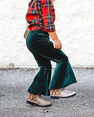 BAILEY'S BLOSSOMS Lina Pleated Velour Bell Bottoms - Hunter (COLLECTIVE)