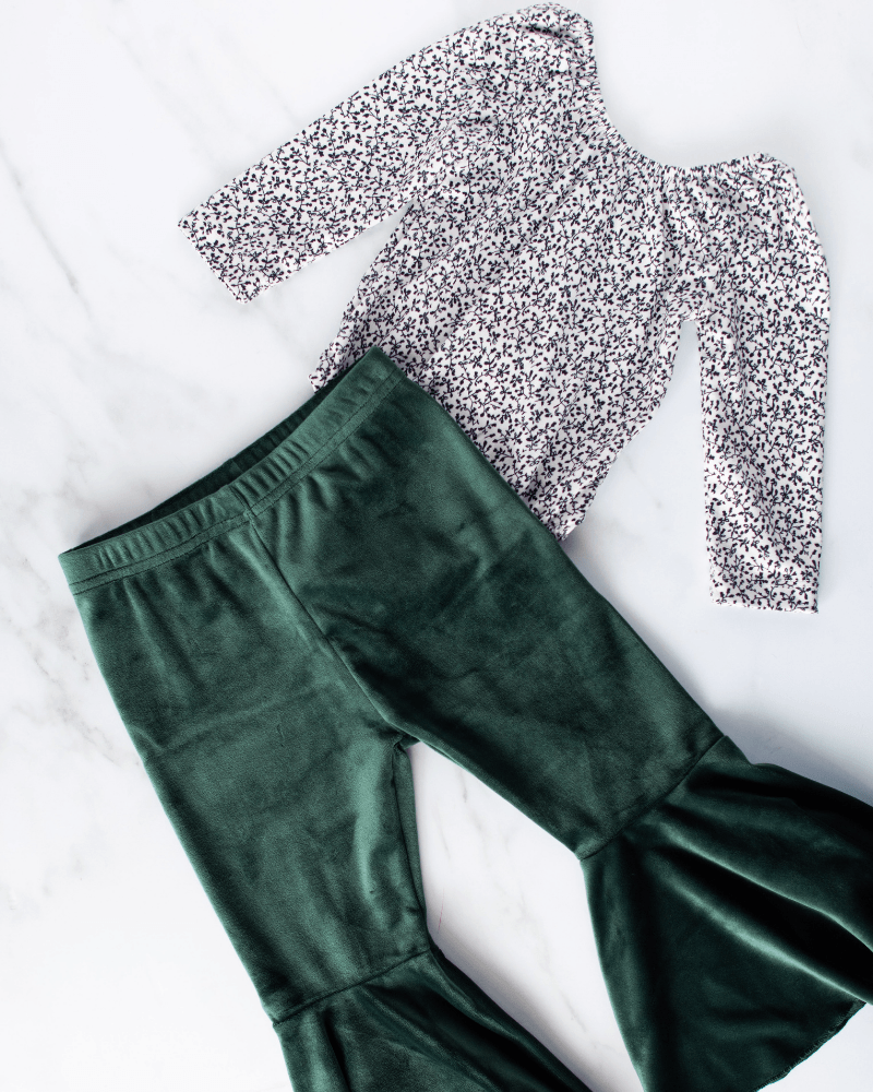 BAILEY'S BLOSSOMS Lina Pleated Velour Bell Bottoms - Hunter (COLLECTIVE)