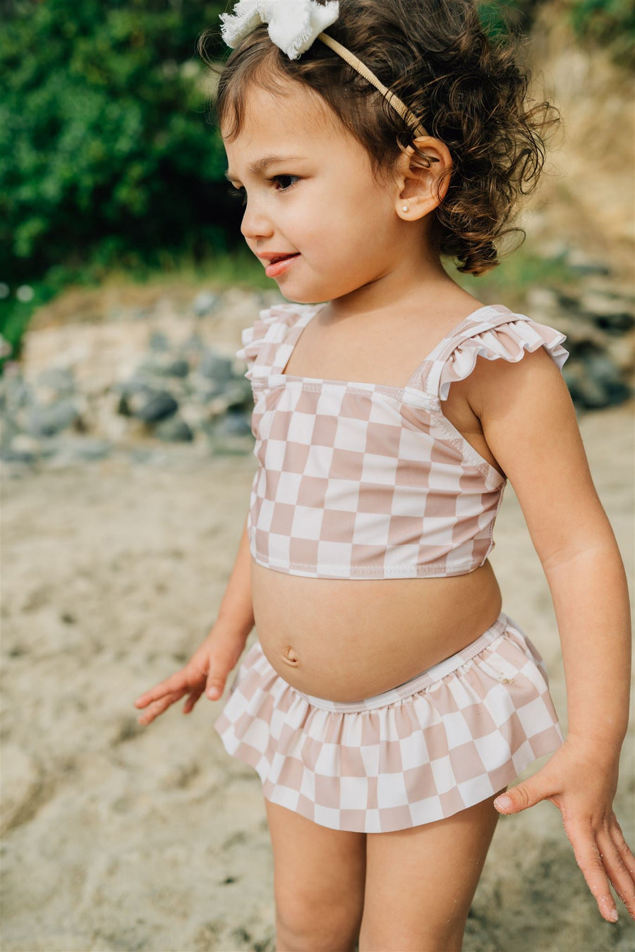 MEBIE BABY Taupe Checkered Ruffle Bikini Set (COLLECTIVE)