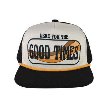 TINY WHALES HERE FOR THE GOOD TIMES TRUCKER HAT | FADED BLACK + NATURAL