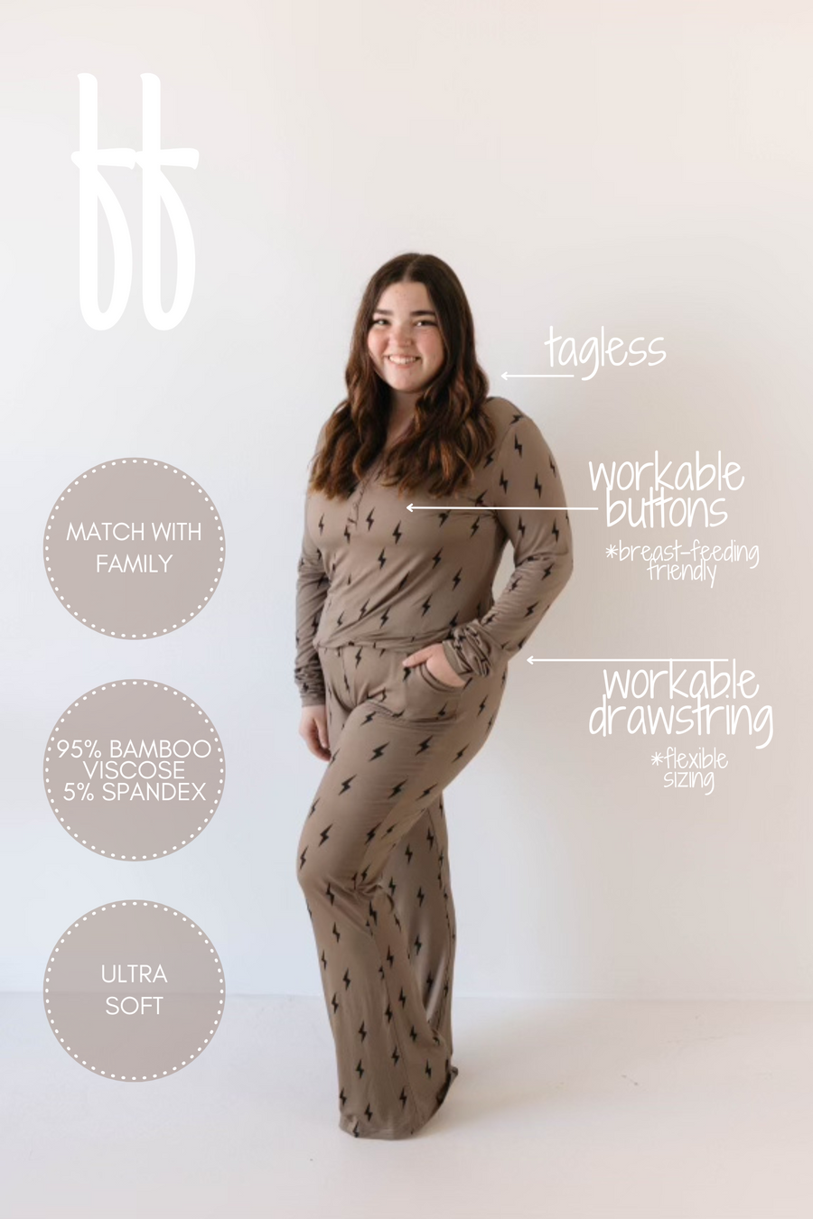 Women's Bamboo Pajama | Brown & Black Lightning Bolt