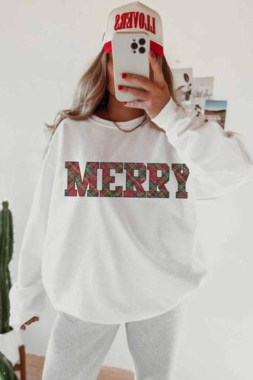 (PRE-ORDER) MERRY PLAID CHRISTMAS GRAPHIC SWEATSHIRT | WHITE