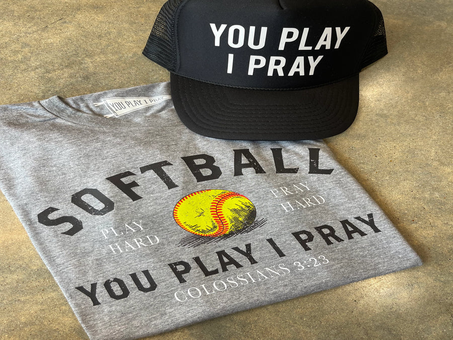 PLAY HARD, PRAY HARD SOFTBALL TEE | GRAY