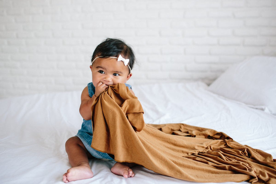 COPPER PEARL KNIT SWADDLE BLANKET | CAMEL