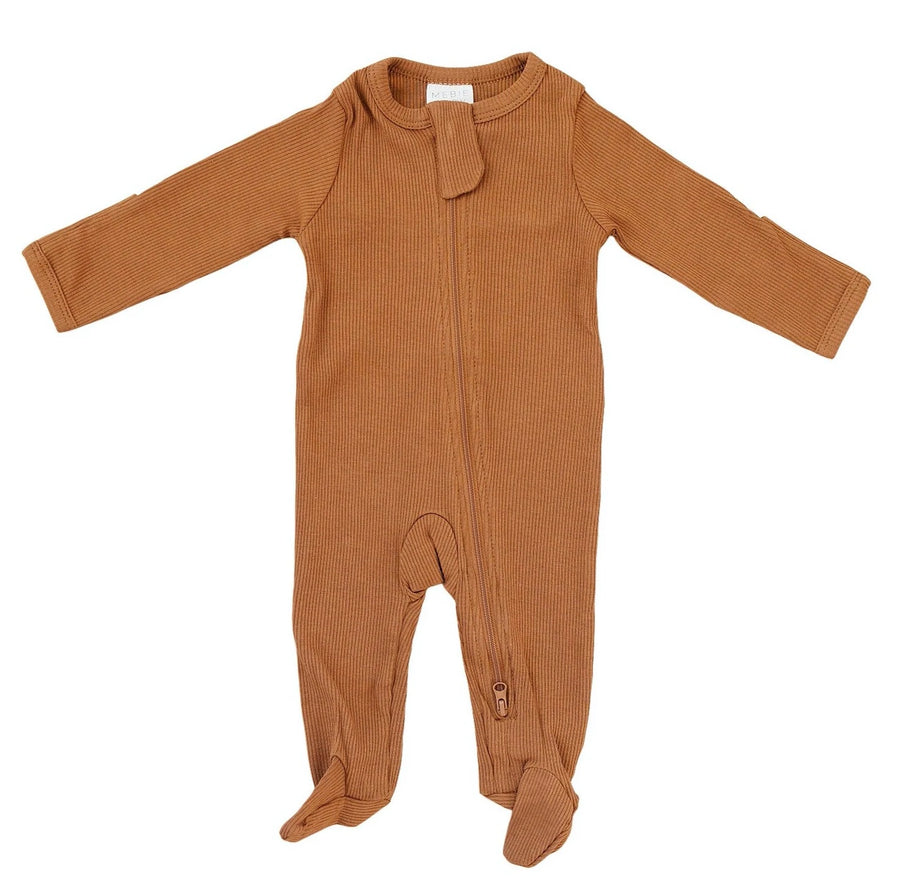 MEBIE BABY ORGANIC COTTON RIBBED FOOTED ZIPPER ONE-PIECE | MUSTARD